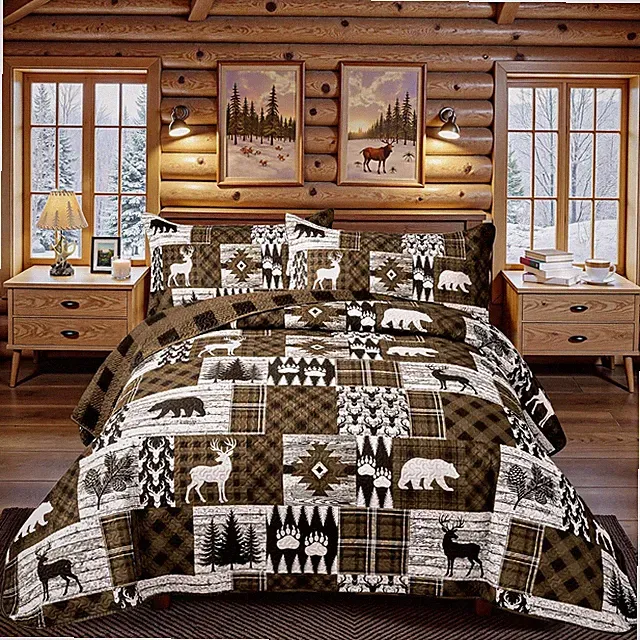3 Piece Cabin California King Size Quilt Sets Farmhouse Rustic Reversible Microf