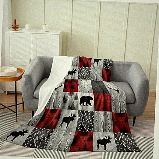 Cabin Lodge Throw Blanket for All Seasons - Hunting Bear, Elk, Queen Multi 006
