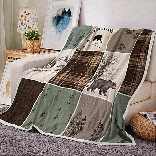 Cabin Retro Rustic Lodge Flannel Throw Blankets, Bear Deer 50X60