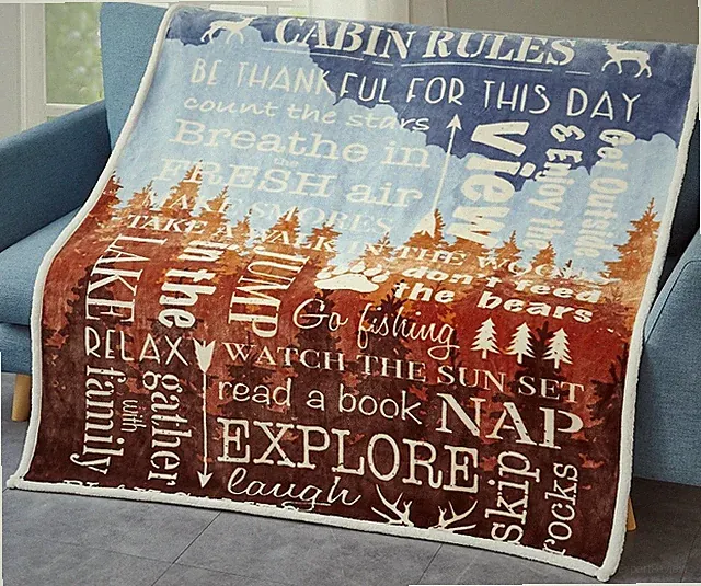 CABIN RULES ARTIST DESIGN FLANNEL SHERPA LUXURY SOFT THROW BLANKET 50 x 60 inch