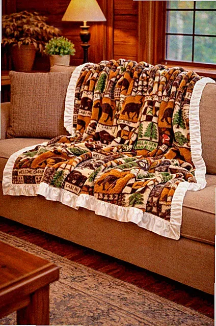 Cozy Cabin themed Fleece lap throw with Satin trim Super Soft and Warm 40" X 45"