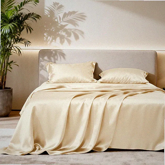 Love's cabin California King Satin Sheet Sets - 4 King, Beige.