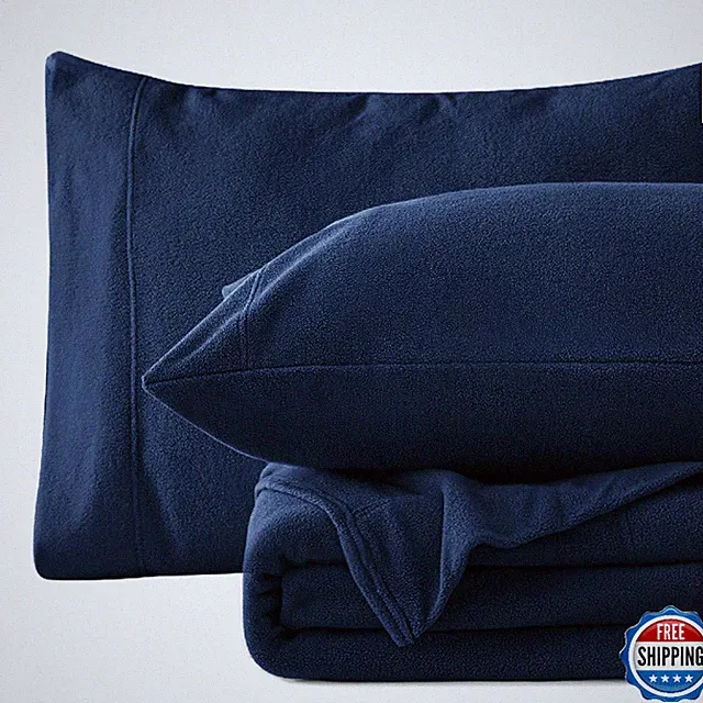 Love's Cabin King Sheet Set Dark Blue Winter Plush Polar Fleece Bed Sheets 4 Pcs