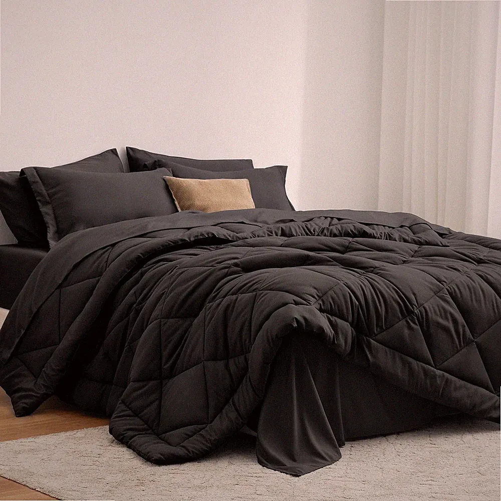 Love's cabin King Size Comforter Set Black, 7 Pieces Bed in King, Black