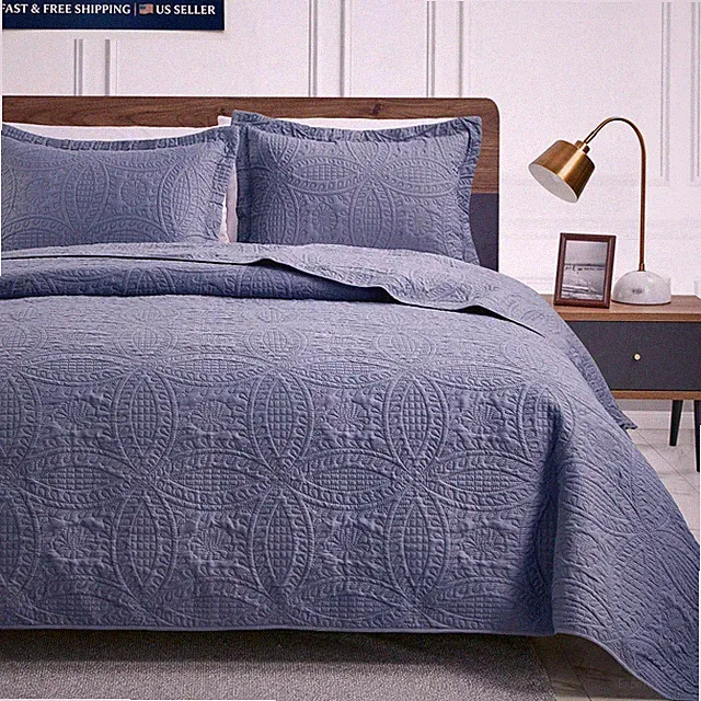 Love's cabin King Size Quilt Set (106"x96"), Coin Pattern Bluish Grey