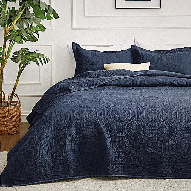 Love's cabin Oversized King Quilt Set Navy Coin Pattern 3pc Lightweight