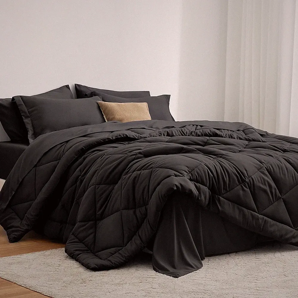 Love's cabin Queen Comforter Set Black, 7 Pieces Queen Bed in a Bag/ All Season