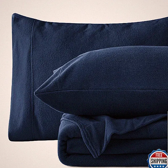 Love's Cabin Queen Fleece Sheet Set 4 Pieces Dark Blue Winter Plush Bed Sheets D
