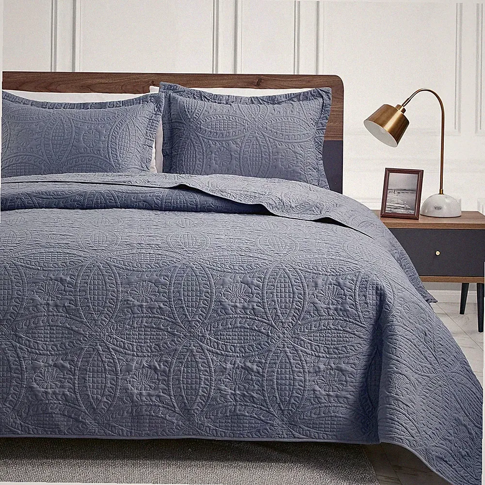 Love's Cabin Queen Quilt Set Blue 3 Piece Bedspread Lightweight Comforter