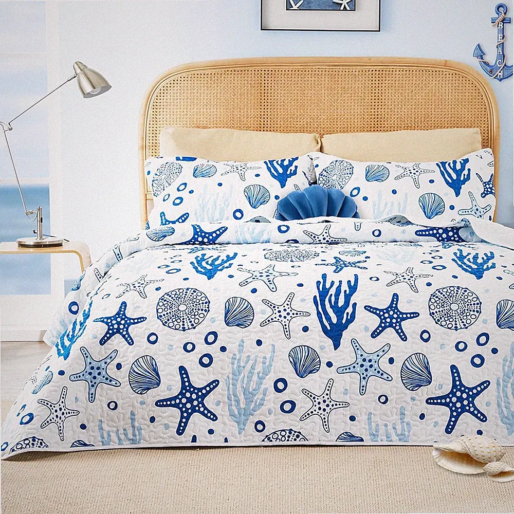 Love's cabin Quilts for Queen Coastal White Bedspreads Bedding Set - Summer Beac