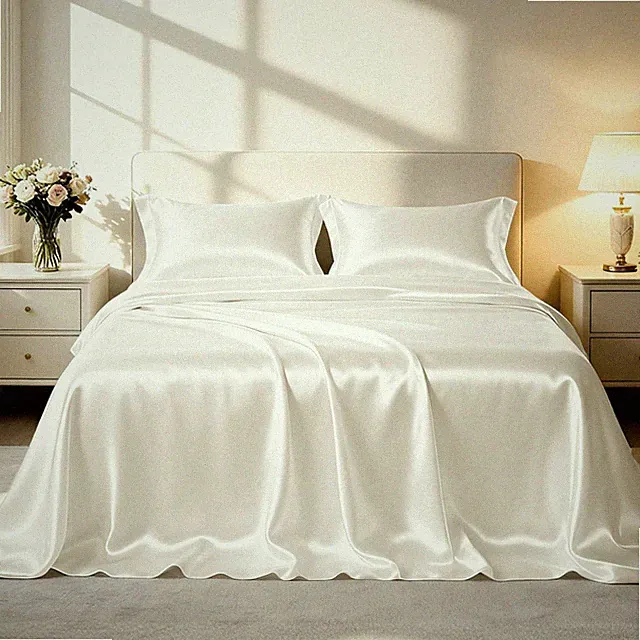 Love's cabin Satin Queen Sheets Set - 4 Piece Ivory Silky Bed Queen, Ivory.