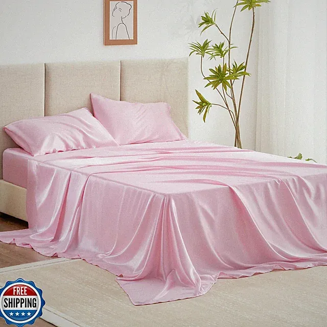 Love's cabin Satin Queen Sheets Set - 4 Piece Pink Silky Bed Shee