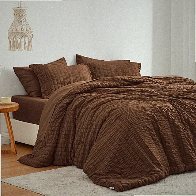 Love's cabin Seersucker Brown Queen Comforter Set 7 Pieces, All Season Beddin...
