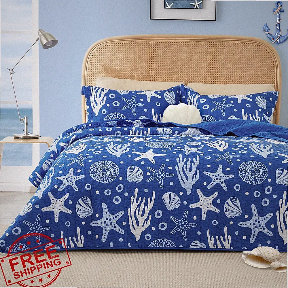 Love's Cabin Twin Quilt Bedding Set Coastal Blue Beach Coverlet