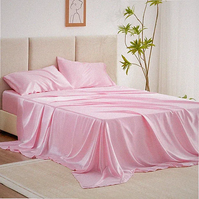 Loves cabin Satin King Sheet Sets - 4 Piece Pink Silky Sheets King Size Bed...