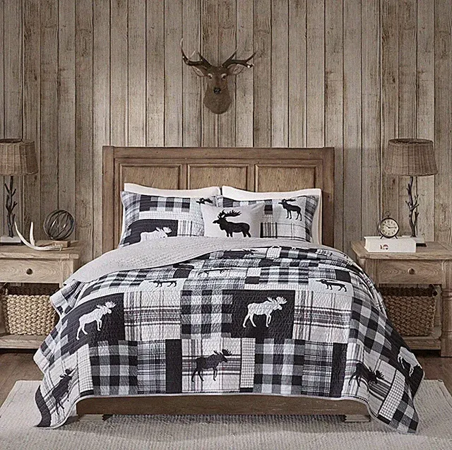 Moose Quilt Set Oversized King Cal King Reversible Super Soft Cabin Lodge Style
