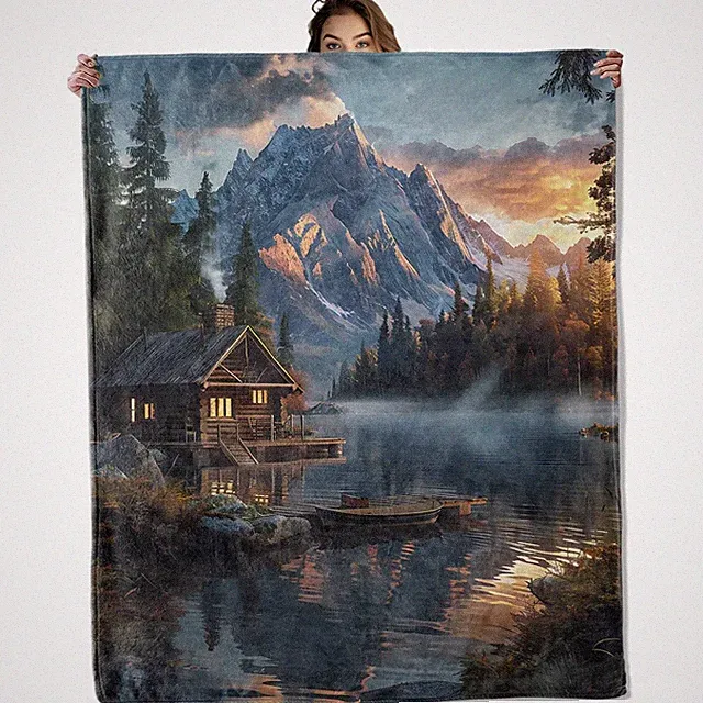 Mountain Cabin Blanket 50x60 Inch Flannel Throw Sofa Living Room Decor Soft
