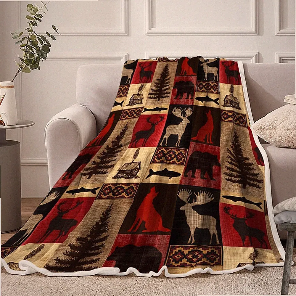 Rustic Cabin Throw Blankets, Country Vintage Bear Moose Wood Cozy Warm Bed Couch