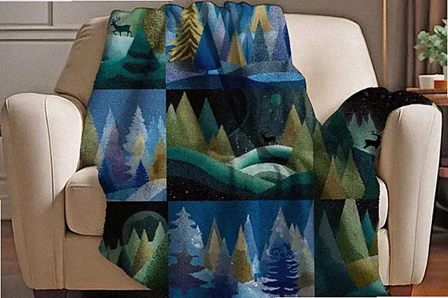 Winter Forest Patchwork Sherpa Throw Blanket Cozy Cabin Style